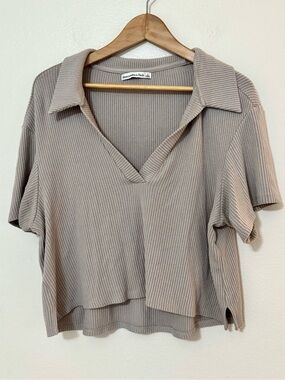 Abercrombie & Fitch Ribbed Cropped Polo Sweater Top Beige Taupe L